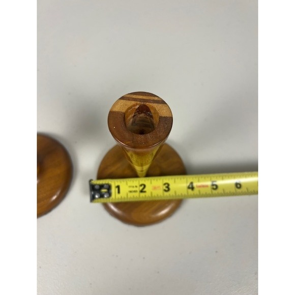 Vintage Mid Century Modern Inlaid Wood Taper Candlestick Holders Set of 2 MCM - Picture 7 of 11